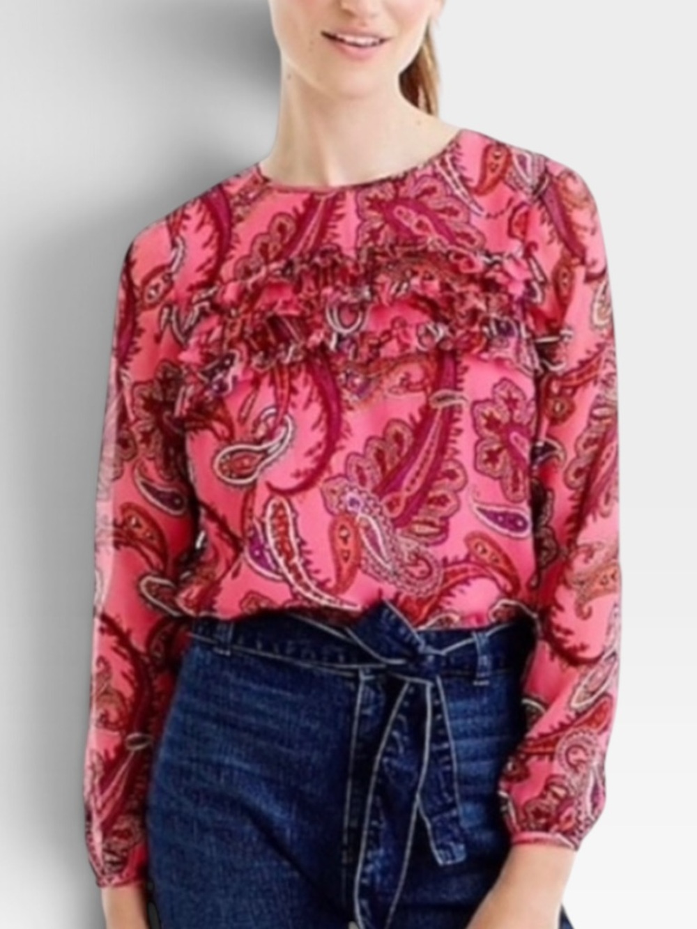 J. Crew silk Pink Paisley Ruffle Long-Sleeve Blouse 00